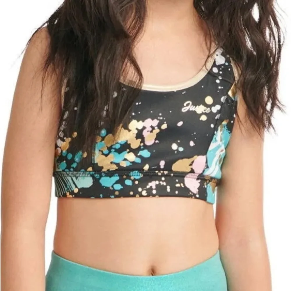 🍄 3/$25 Justice Girls Reversible Sports Bra Black Turquoise and Gold Size 10